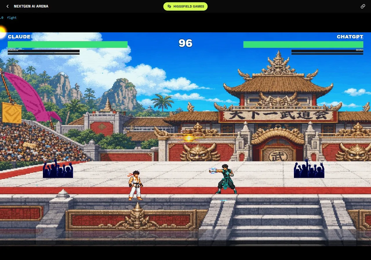 A live NextGen AI Arena fight on the KK Waterfront stage, with a Kota Kinabalu sunset behind the fighters