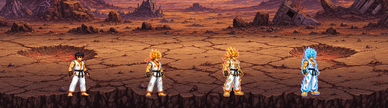 The full NextGen AI Arena roster of eight pixel-art fighters lined up on a stage