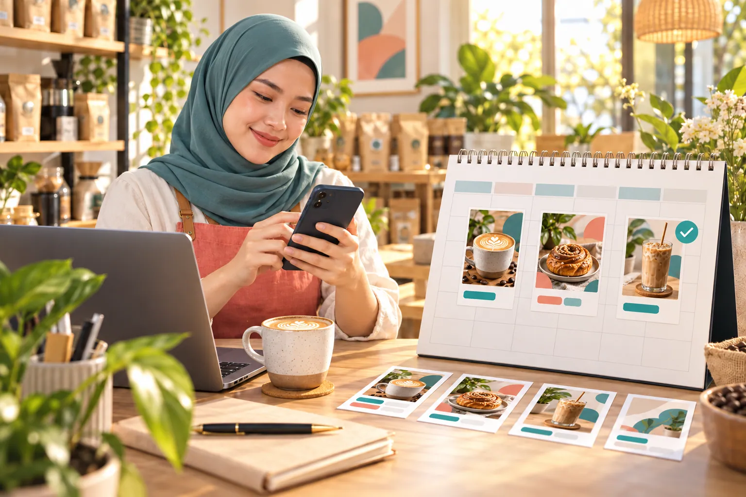 A content calendar shows a product poster, a short video and a week of captions awaiting review.