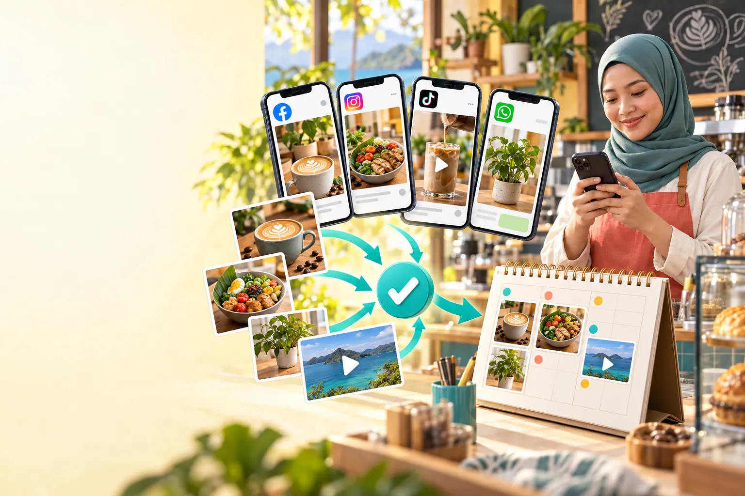 A Malay café owner wearing a tudung holds her phone behind the counter. Nearby phones display Facebook, Instagram, TikTok and WhatsApp logos, while coffee posts, food posts and videos feed into a weekly calendar.