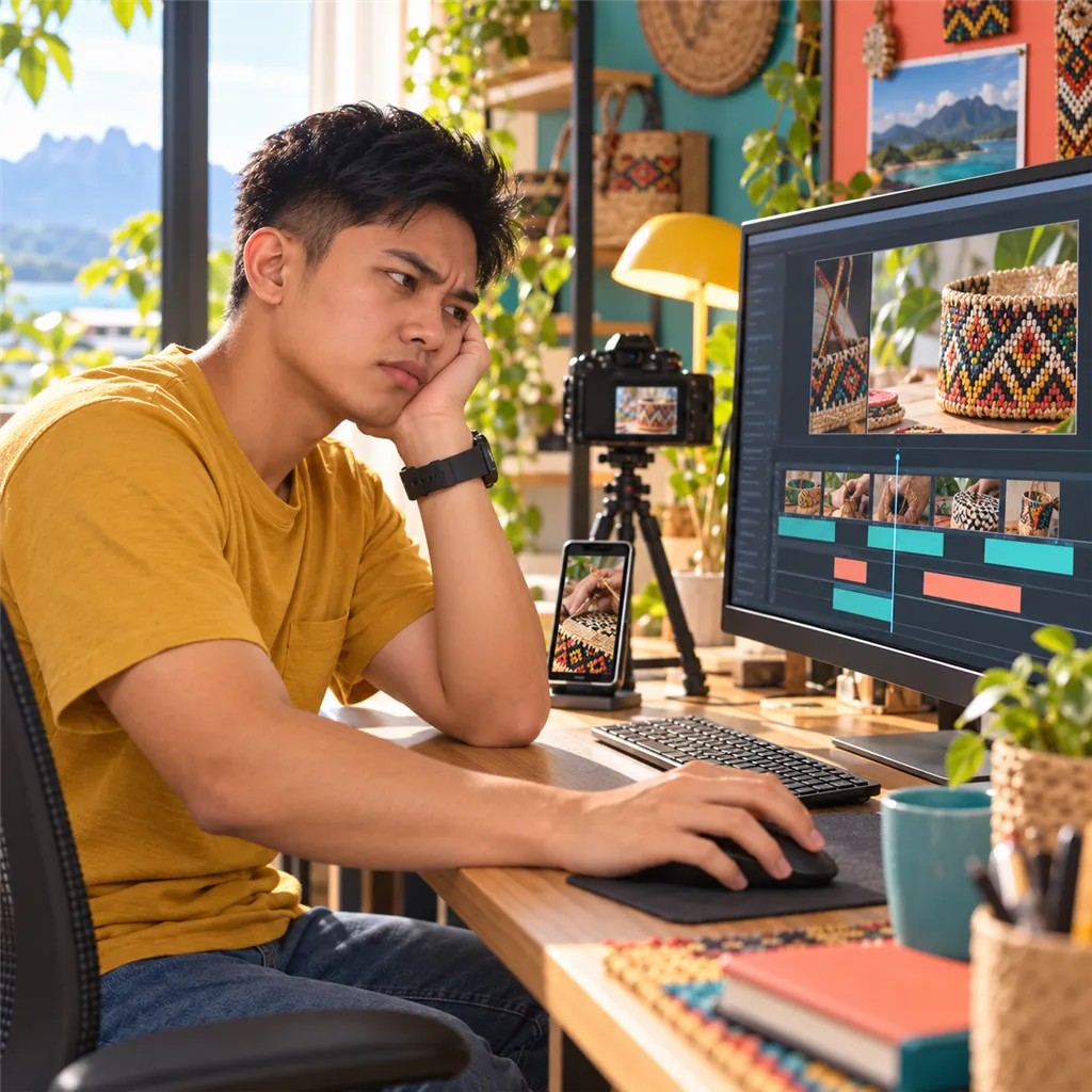 Video clips sit on an editing timeline, waiting for subtitles and resizing.