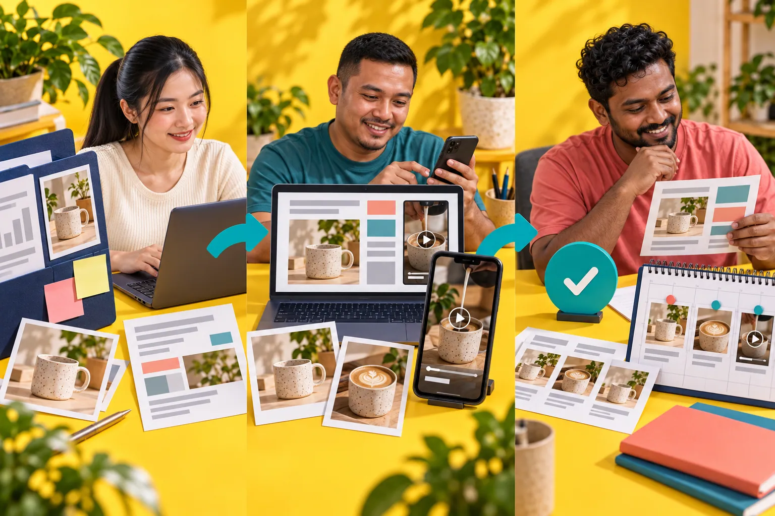 A brand SOP and competitor research come together in a clear content brief. A single offer becomes a poster, a script and a vertical video with an AI character. Thirty days of drafts and captions are laid out in a calendar for review.