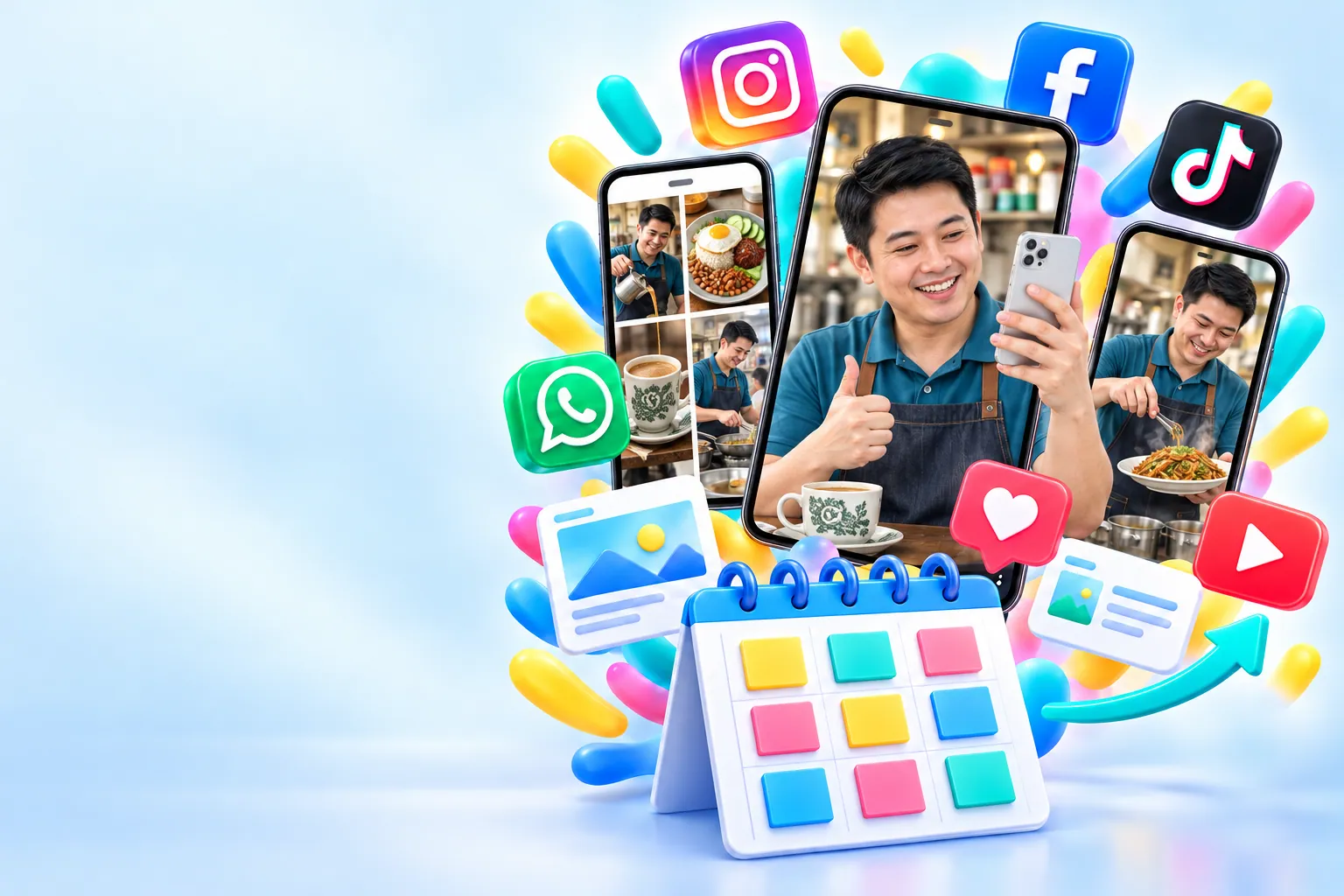 A smiling Chinese kopitiam owner appears in phone screens featuring food and drink posts. Facebook, Instagram, TikTok and WhatsApp logos frame the phones, with a colourful content calendar in the foreground.