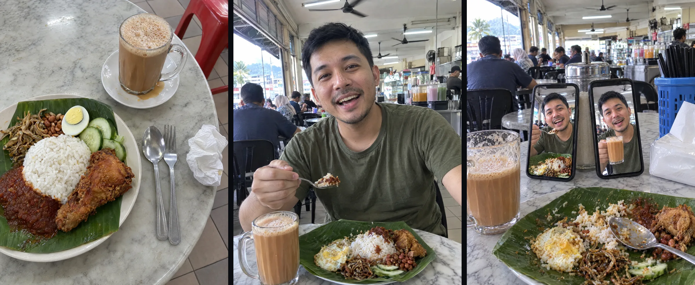 三张 AI 画面:kopitiam 套餐、虚构出镜角色、华语与马来语宣传画面。