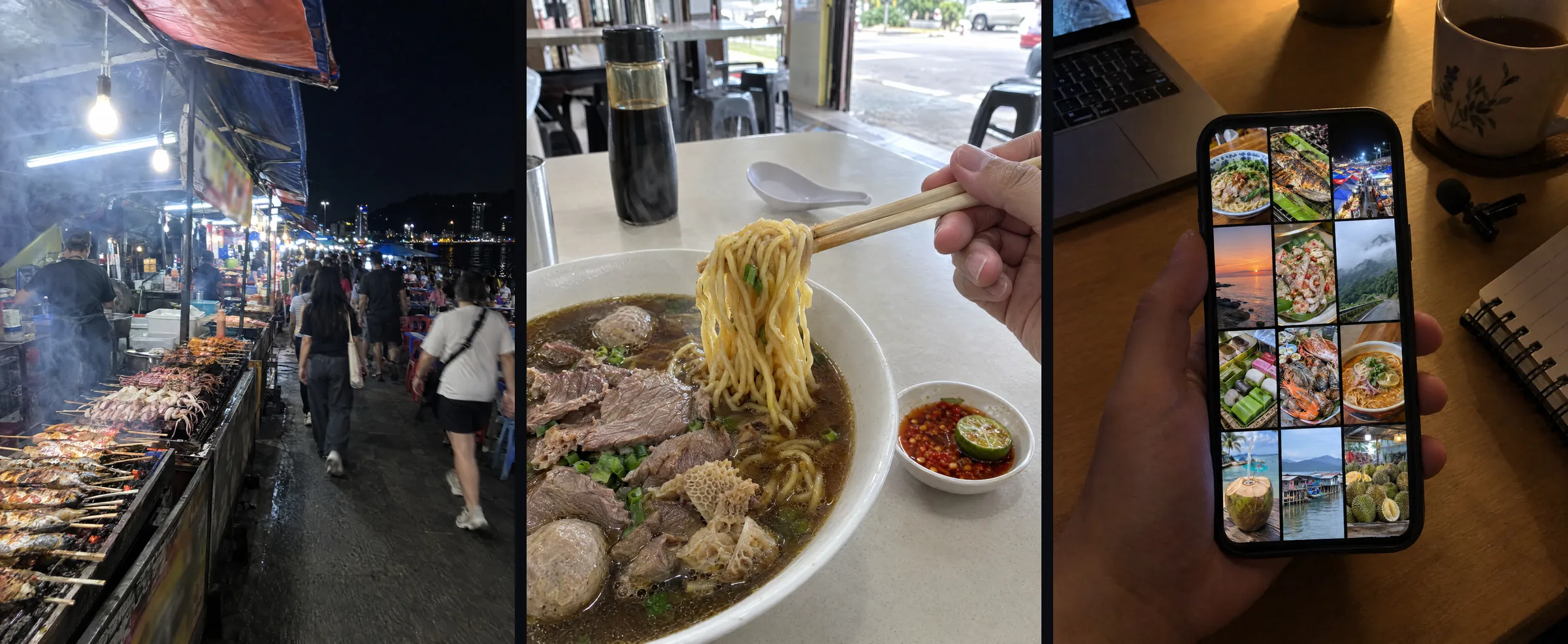 三张 AI 情境画面:沙巴美食路线、食物特写、不用本人出镜的内容 page 构想。