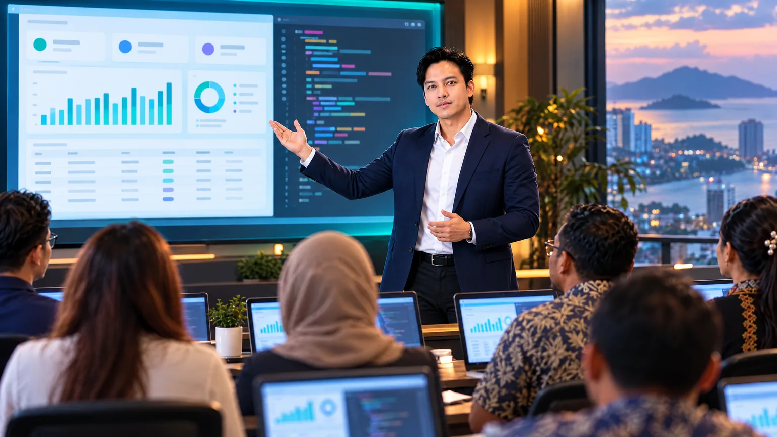 Edison's AI avatar explains the 2-day class beside real screens of Claude Code, ChatGPT Codex and two sample business dashboards using demo data.
