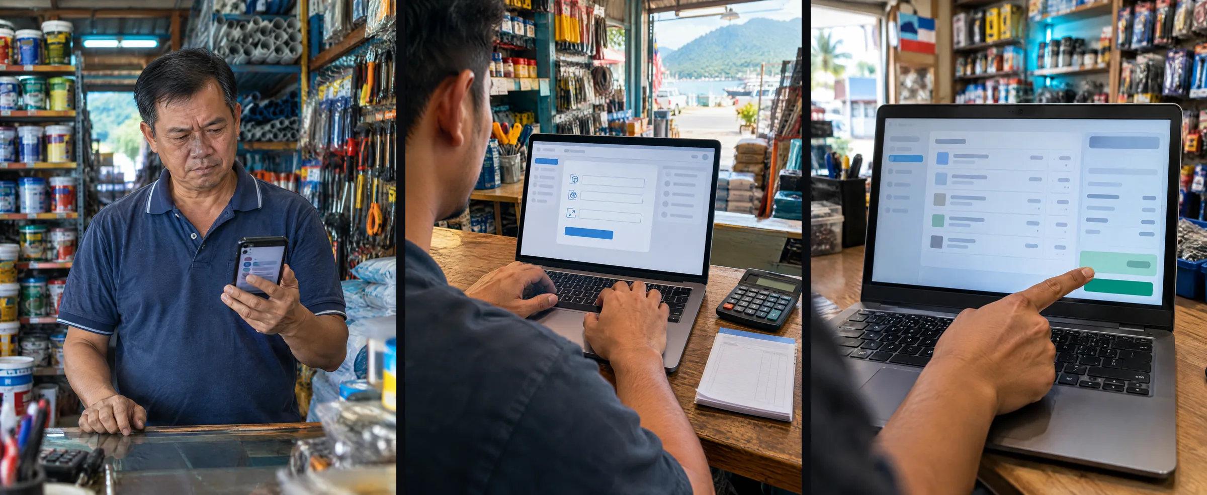 Three illustrative images show a hardware shop owner reading a request, a simple quotation form and its calculated total.