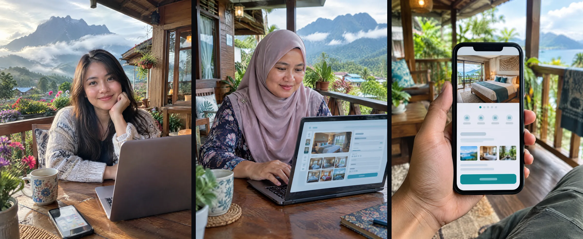 Three illustrative images show a homestay in the highlands, its owner editing room details and the updated page on a phone.