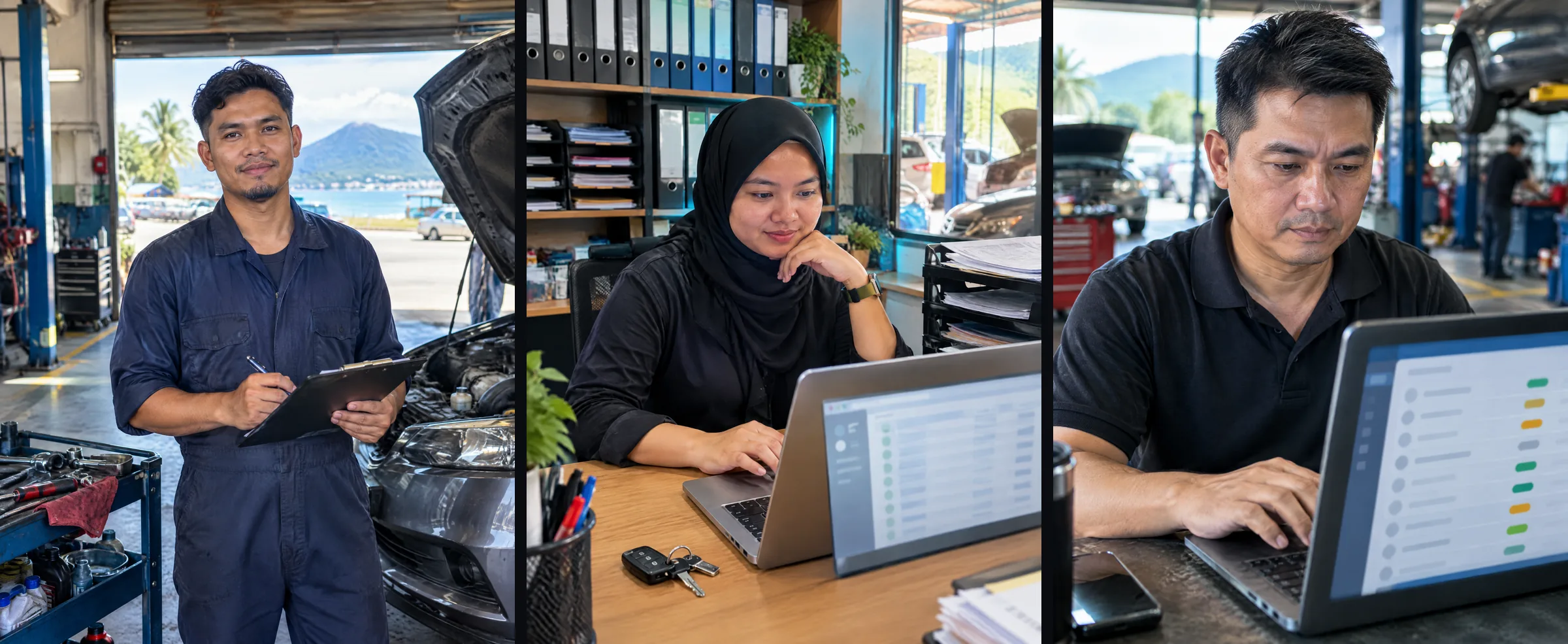 Three illustrative images show a mechanic with a job card, shelves of paper files and a search screen listing service jobs by status.