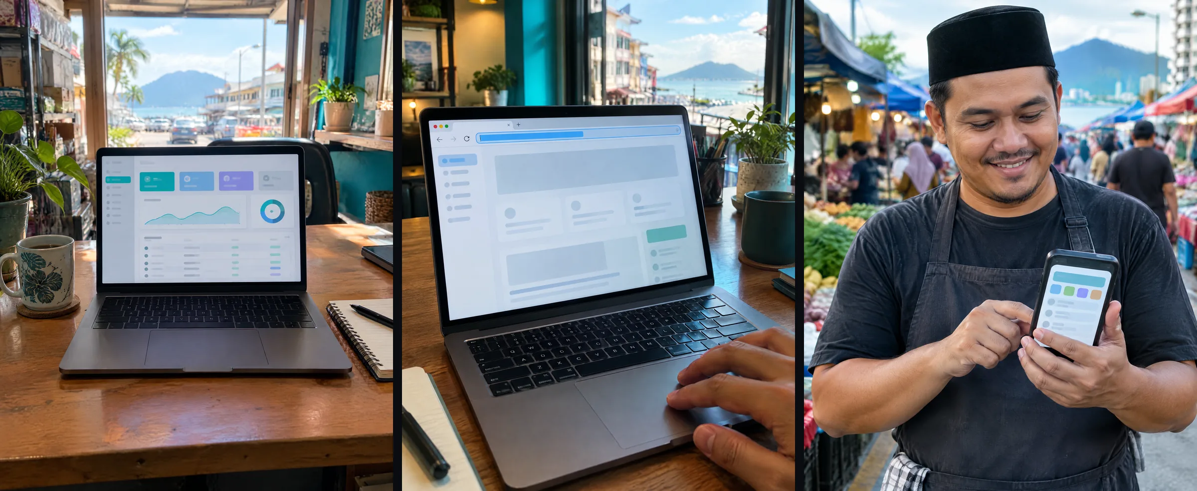 Three illustrative images show a tool on a laptop, the owner opening a link at a coffee shop and the same tool on her phone.