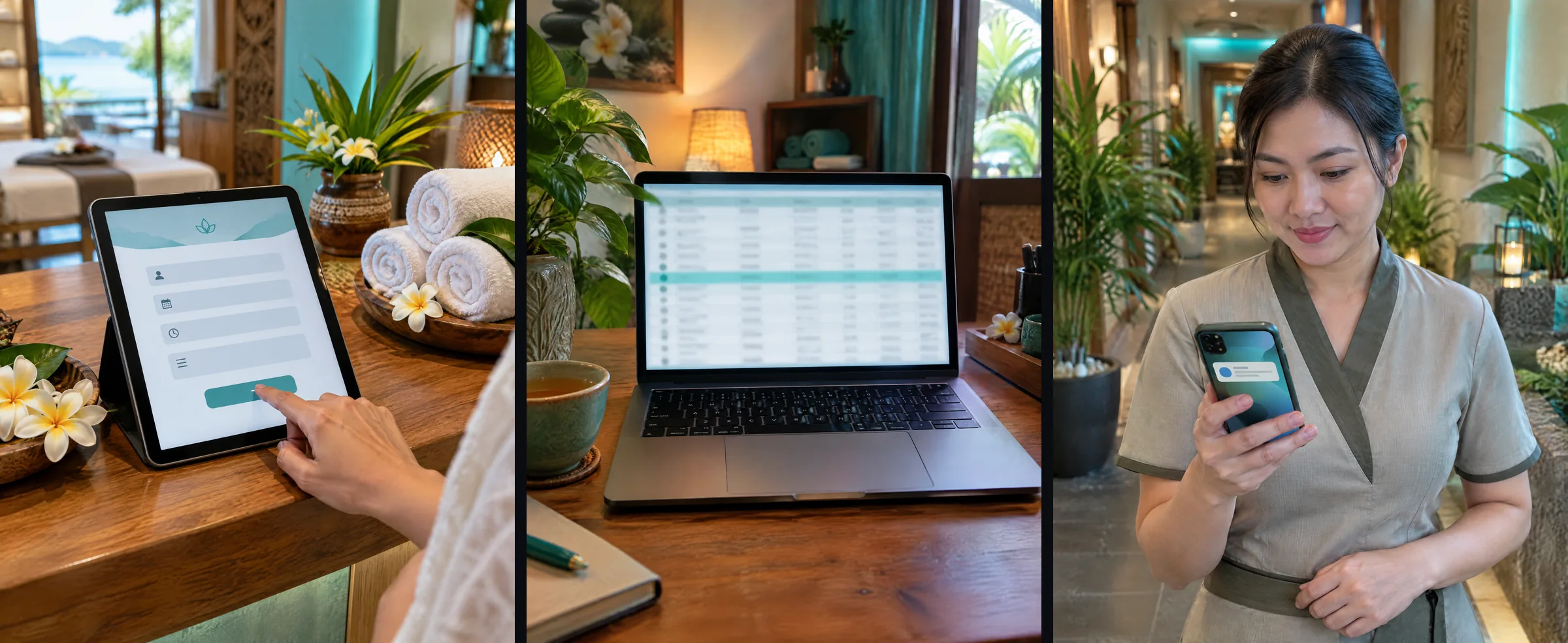 Three illustrative images show a booking form on a phone, the entry arriving in a sheet and the manager receiving an alert.