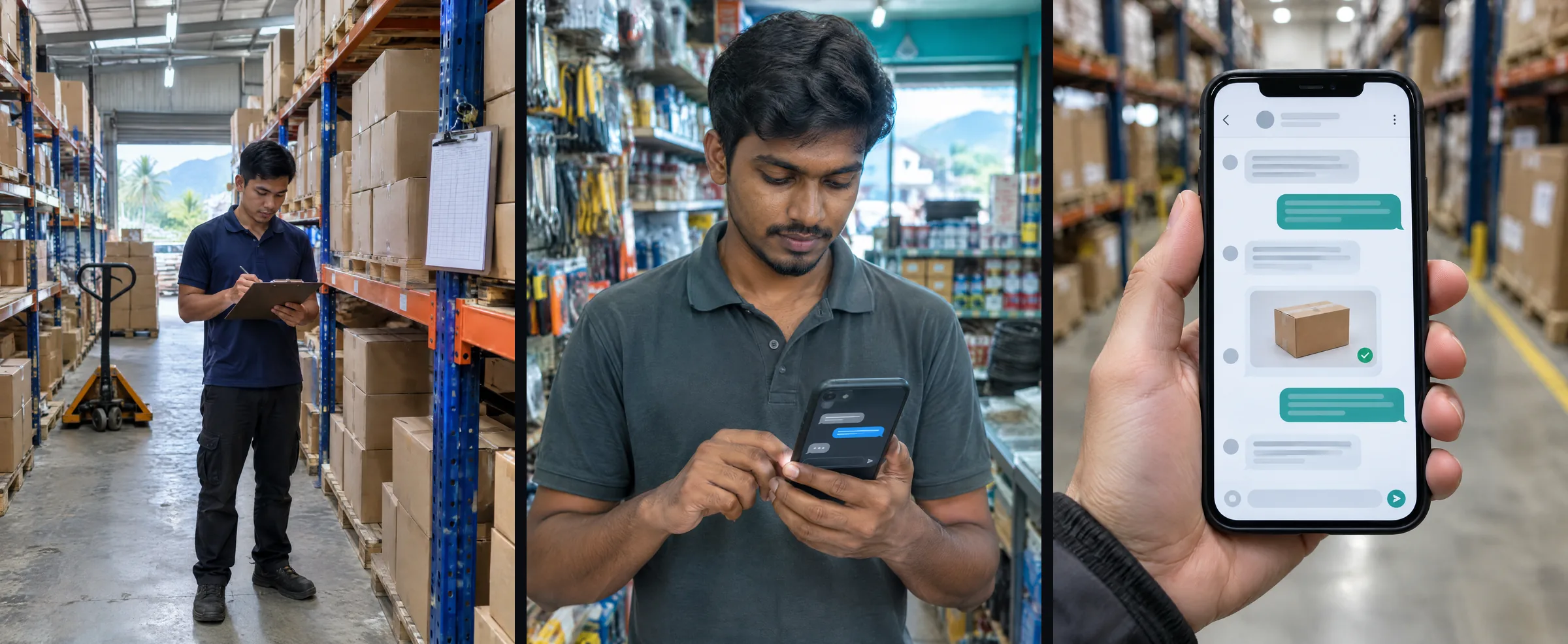 Three illustrative images show a stock shelf, a salesman asking a question on his phone and a chat reply beside a stock card, all with fictional records.