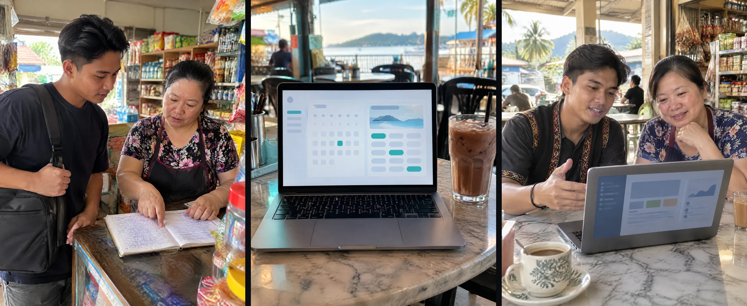 Three illustrative images show a freelancer planning a booking page with a shop owner, building it on a laptop and the owner reviewing it.