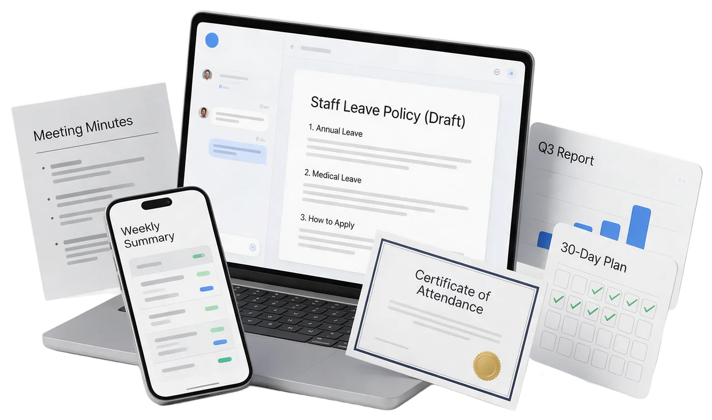 An illustration of what you take back: a laptop with an AI chat and a first-draft staff leave policy, a phone with a weekly summary, printed meeting minutes, a report slide with a chart, a 30-day plan and a certificate of attendance.