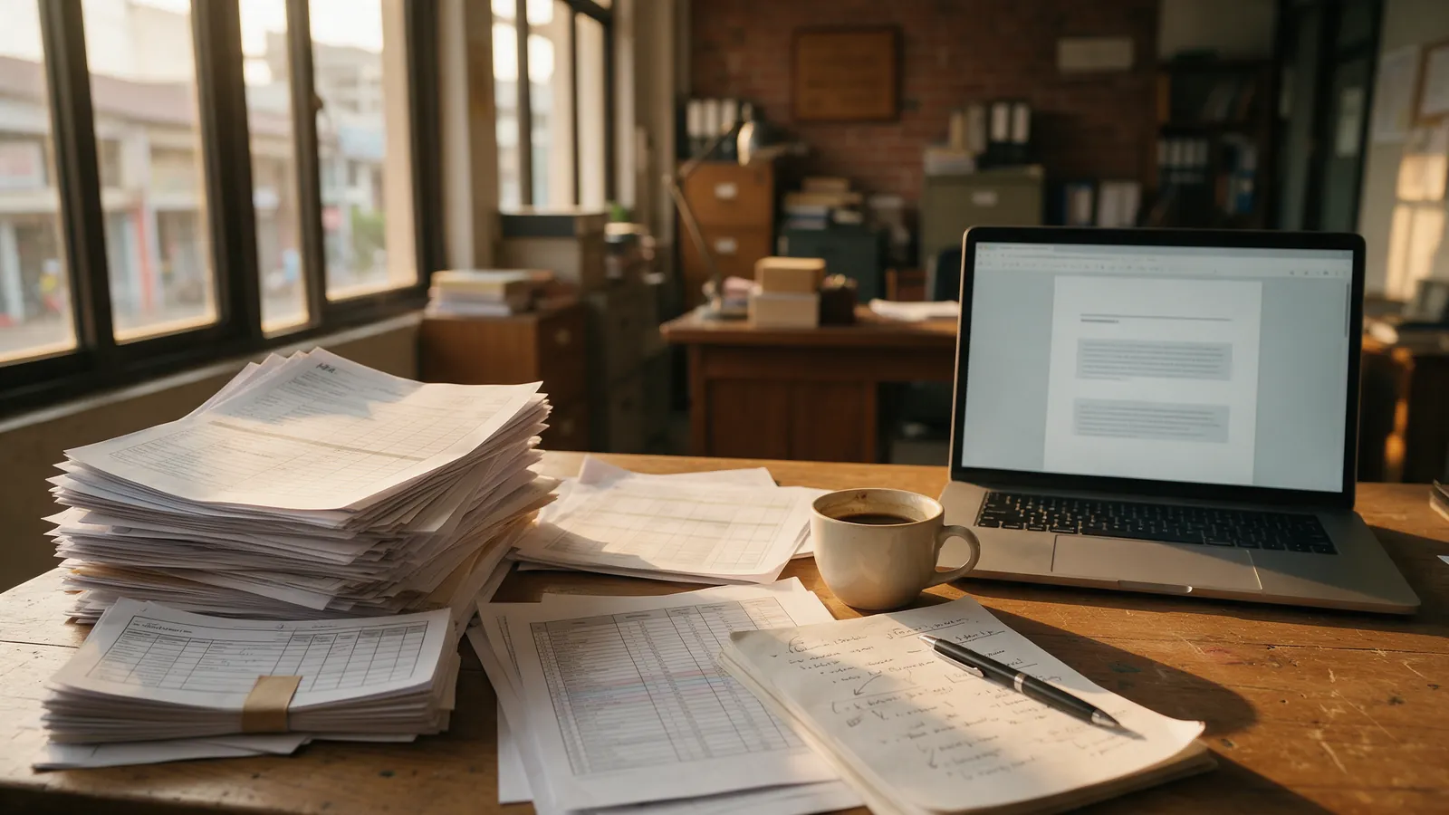An illustration of a busy office desk: HR forms, a printed spreadsheet and meeting notes beside a laptop showing a tidy first draft built from them.