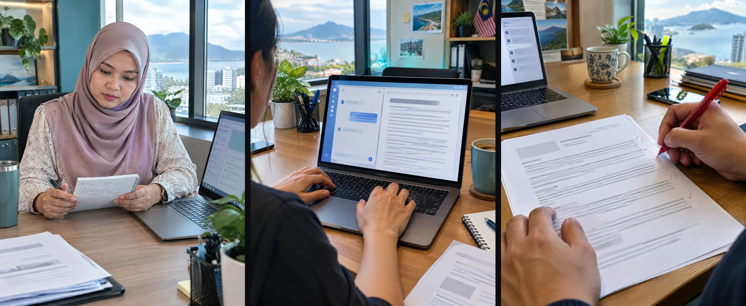 Three illustrative panels: handwritten role notes, a job ad draft on a laptop, and an onboarding message on a phone.
