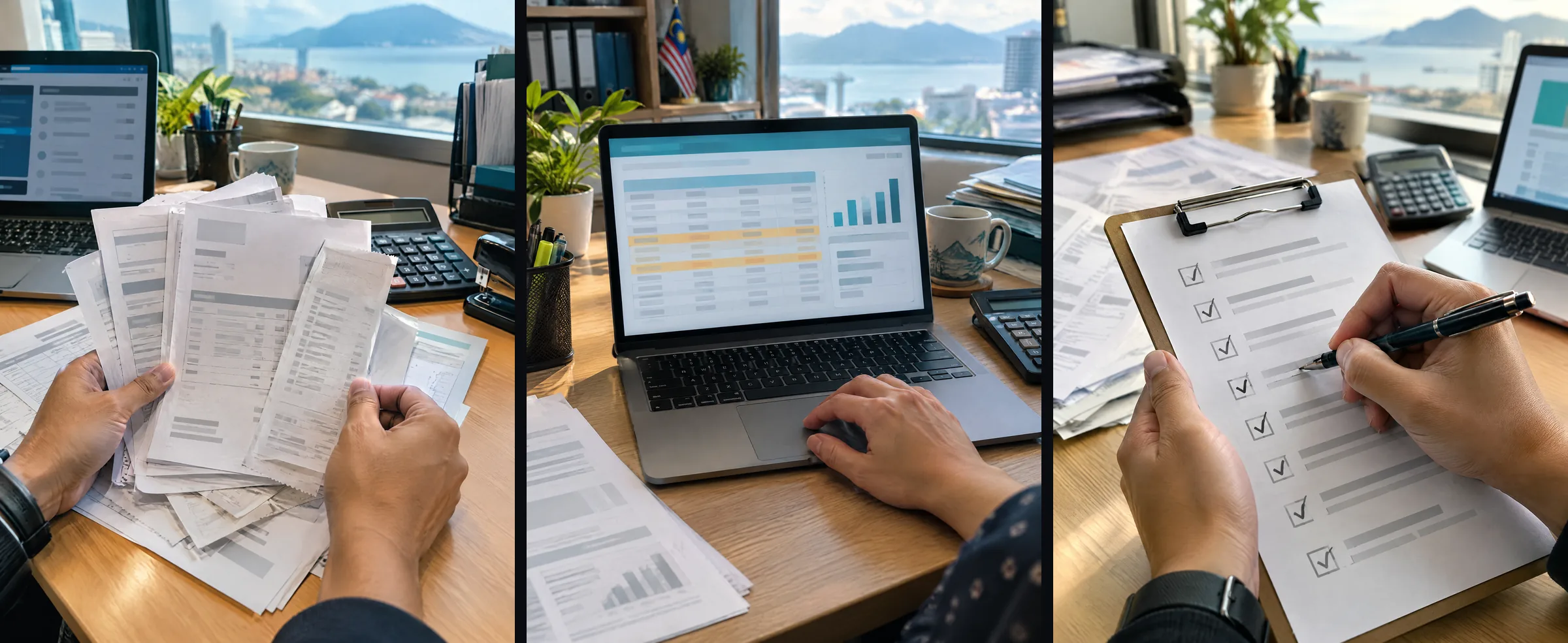 Three illustrative panels: a stack of supplier invoices, a spreadsheet summary on a laptop, and a checklist of figures to verify.