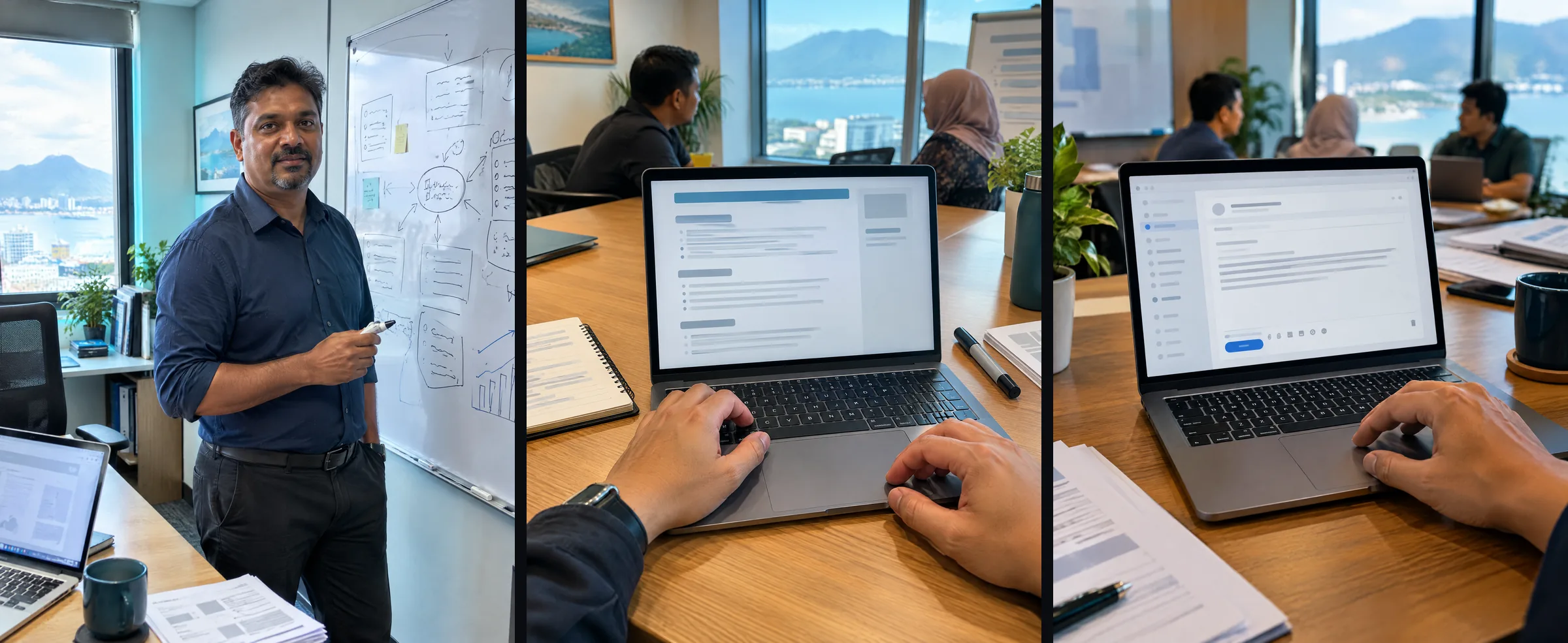 Three illustrative panels: whiteboard meeting notes, a minutes draft on a laptop, and a printed SOP page.