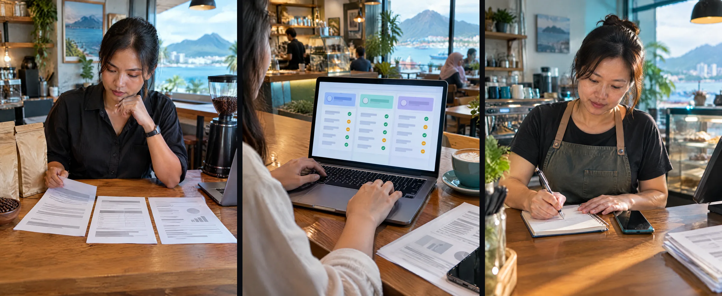 Three illustrative panels: three supplier quotations side by side, a comparison table on a laptop, and a one-page proposal outline.