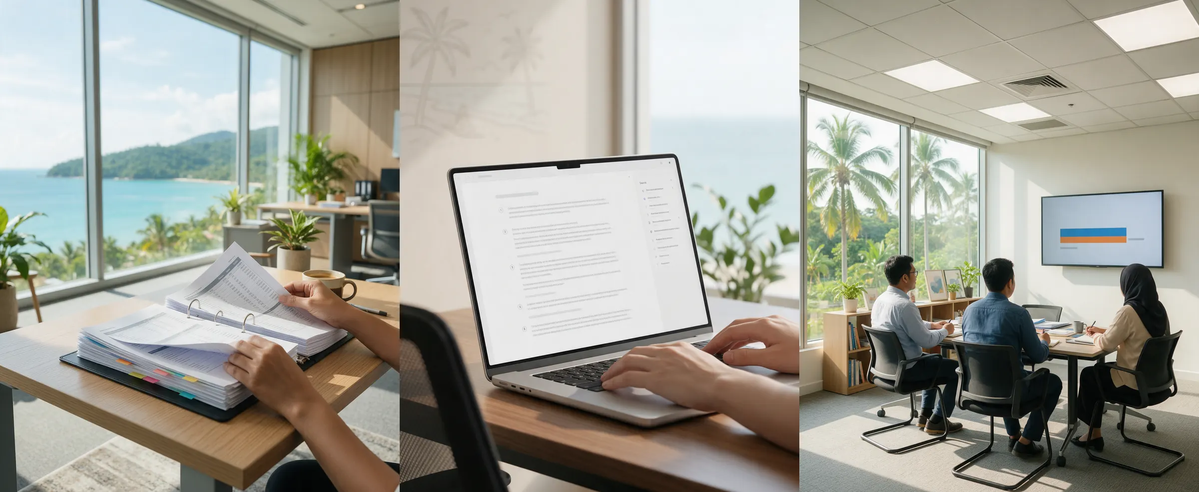 Three illustrative panels: a folder of reports, a summary that cites its sources, and a slide deck on a meeting room screen.
