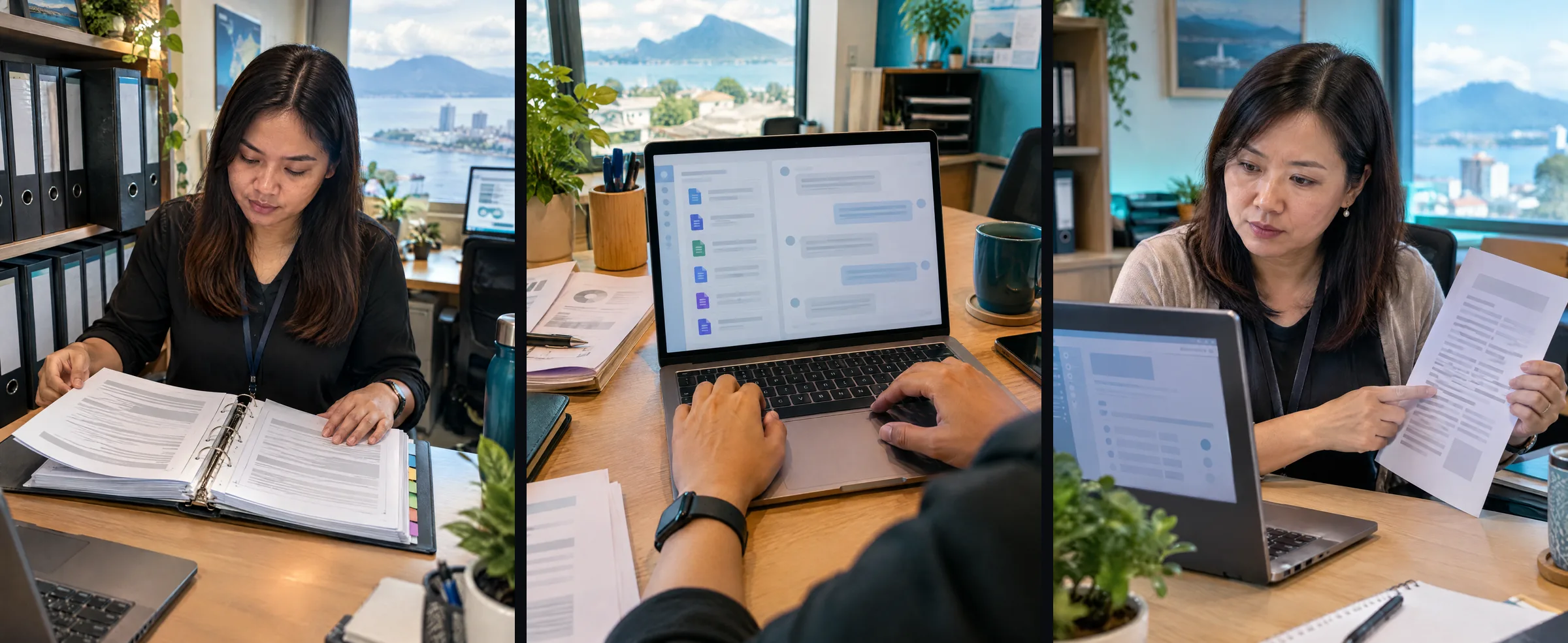 Three illustrative panels: a staff handbook and leave policy, a project folder holding them, and a weekly report draft ready for checking.
