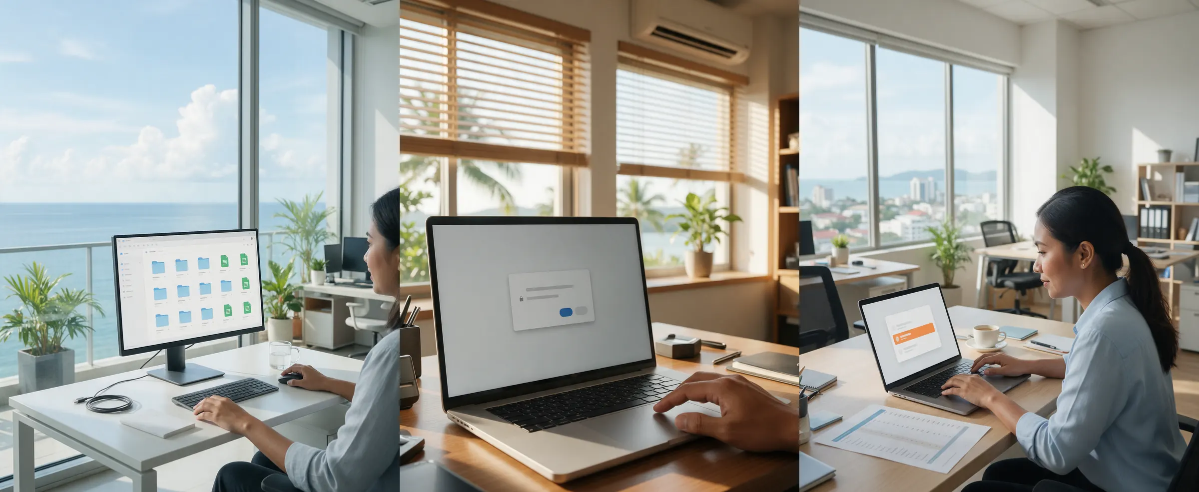 Three illustrative panels: a shared folder of price lists, a connection being approved on a laptop, and an answer pulled from that folder.