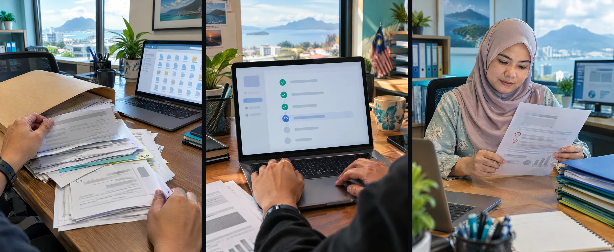 Three illustrative panels: a folder of claim receipts, files sorted into groups on a laptop, and a summary waiting for approval.
