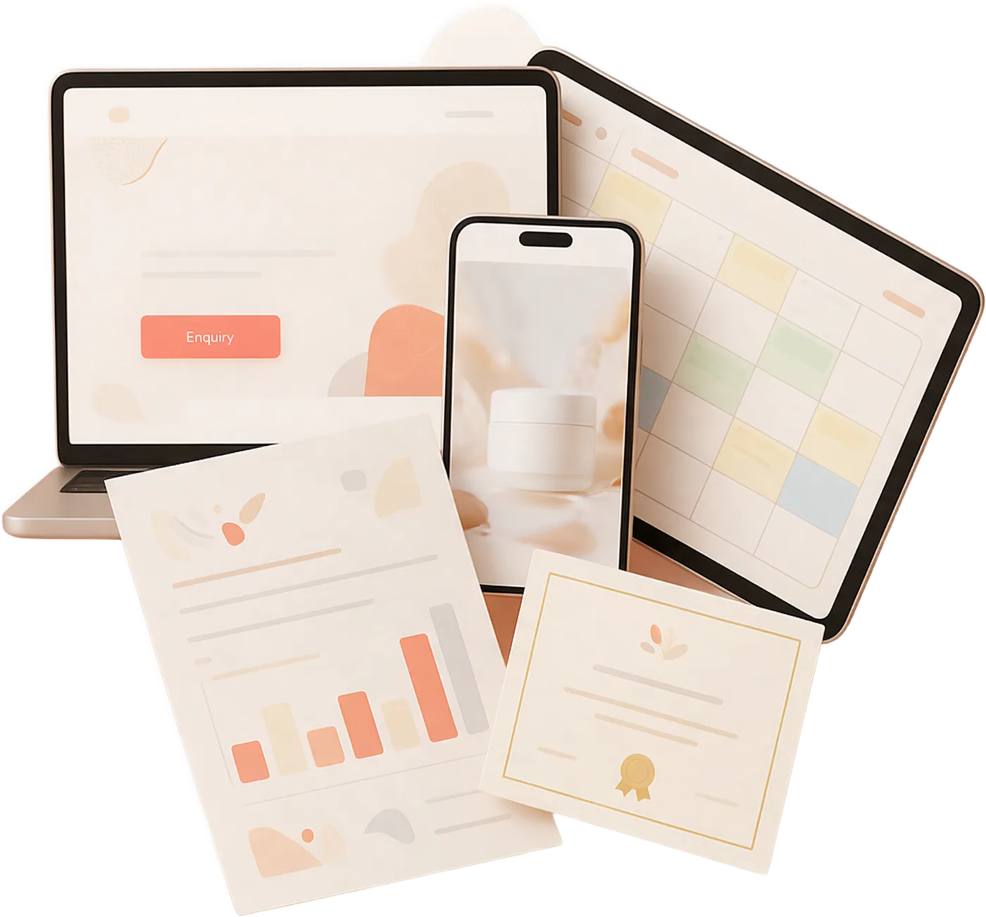 A laptop shows a landing page, a phone shows an image ad, and a tablet shows a weekly posting calendar beside a one-page results report.
