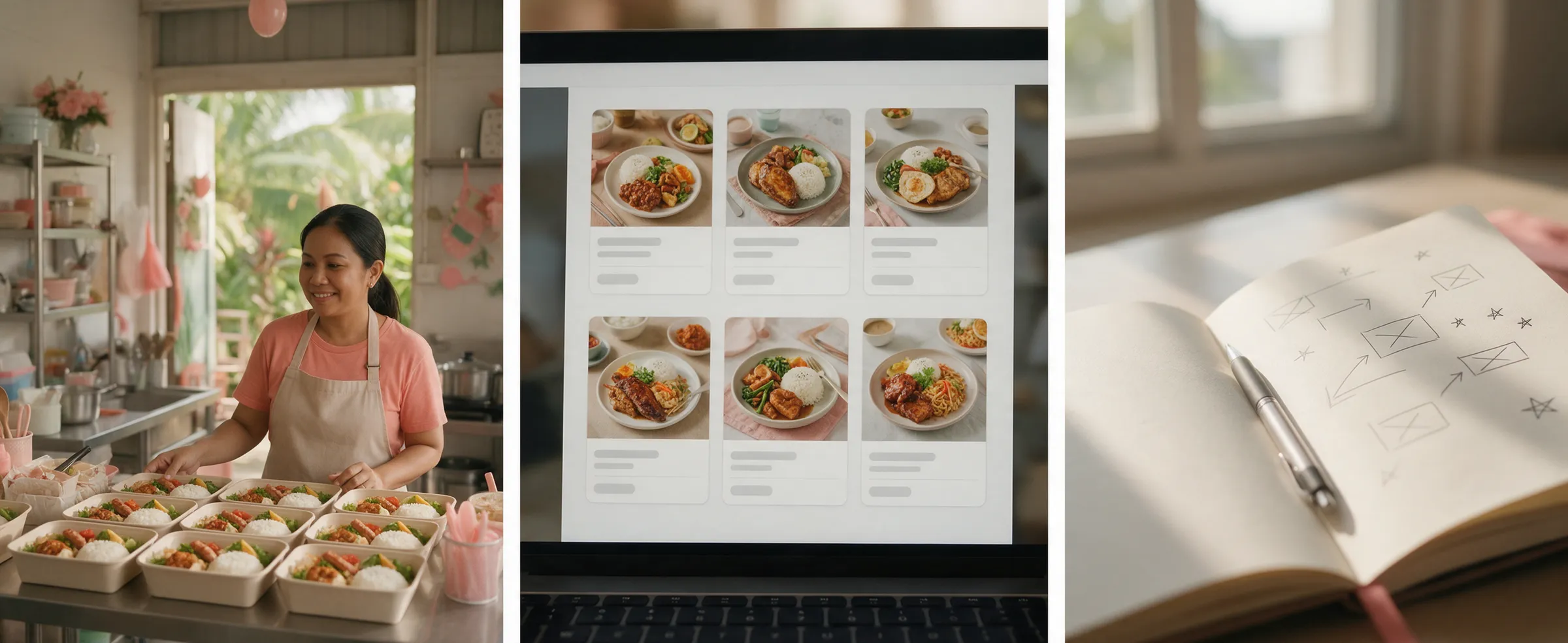 Three illustrative images show a lunch caterer's kitchen, a screen of anonymous competitor ads and a page of new ad angles.