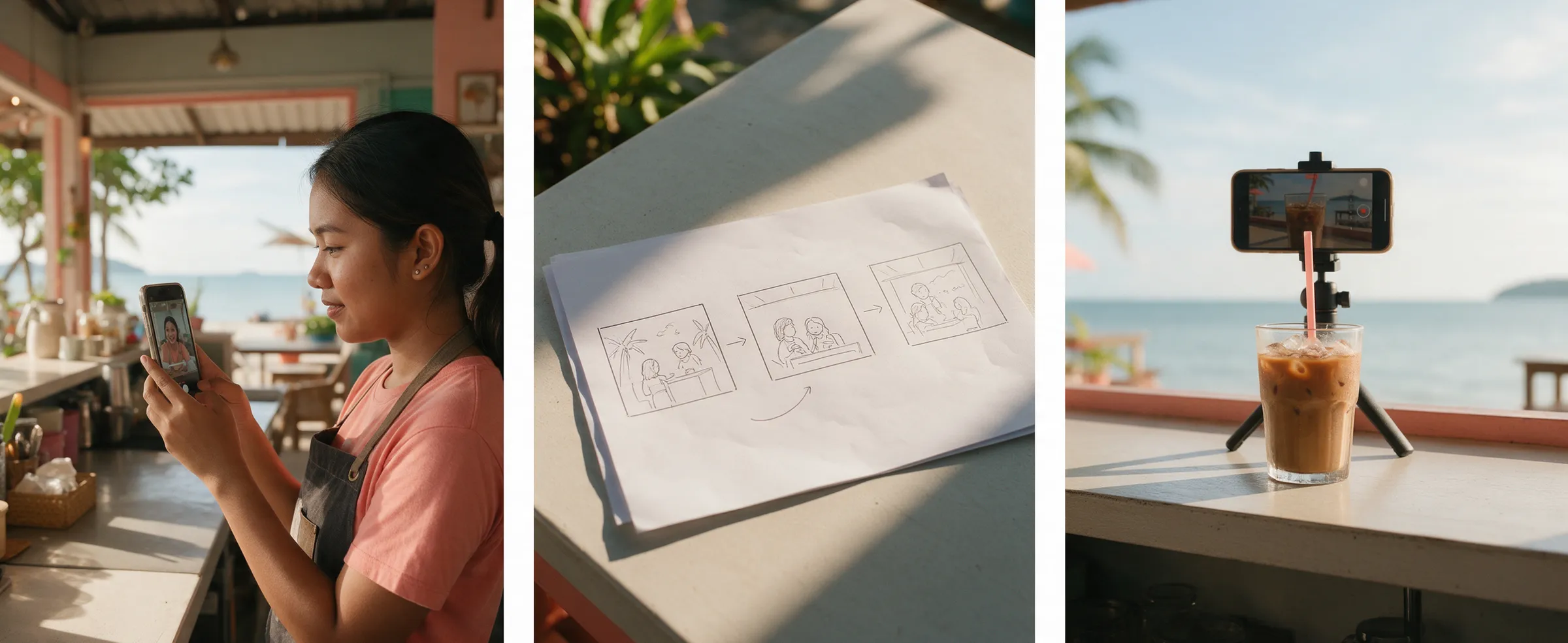 Three illustrative images show a cafe owner watching a short video, a hook and script storyboard and her own drink being filmed.
