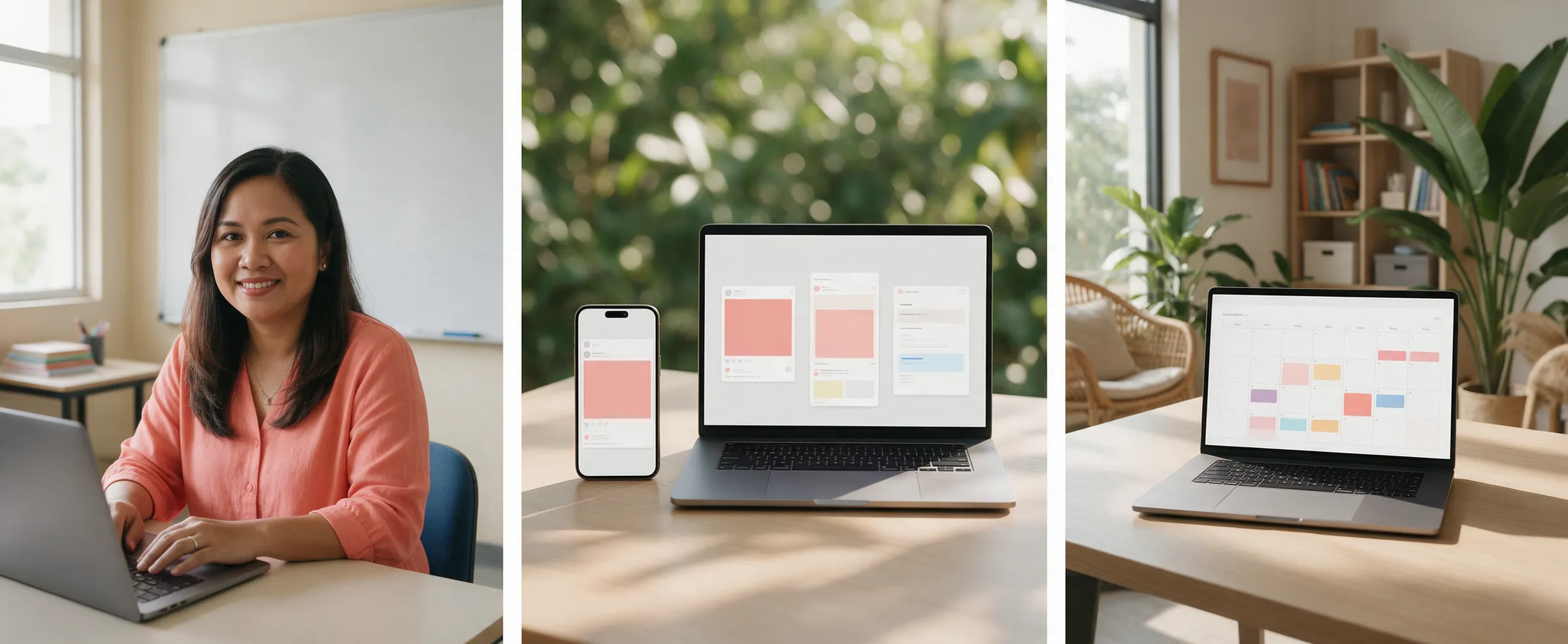 Three illustrative images show a tuition centre desk, one message adapted for Facebook, Instagram and email, and a week of scheduled posts.