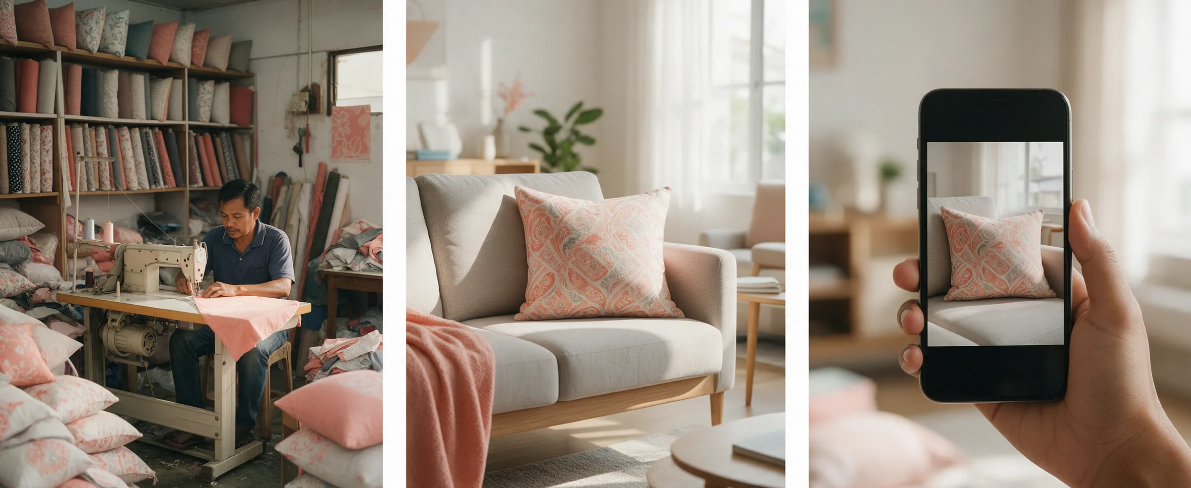 Three illustrative images show a cushion workshop, a styled product visual and a vertical video ad on a phone.