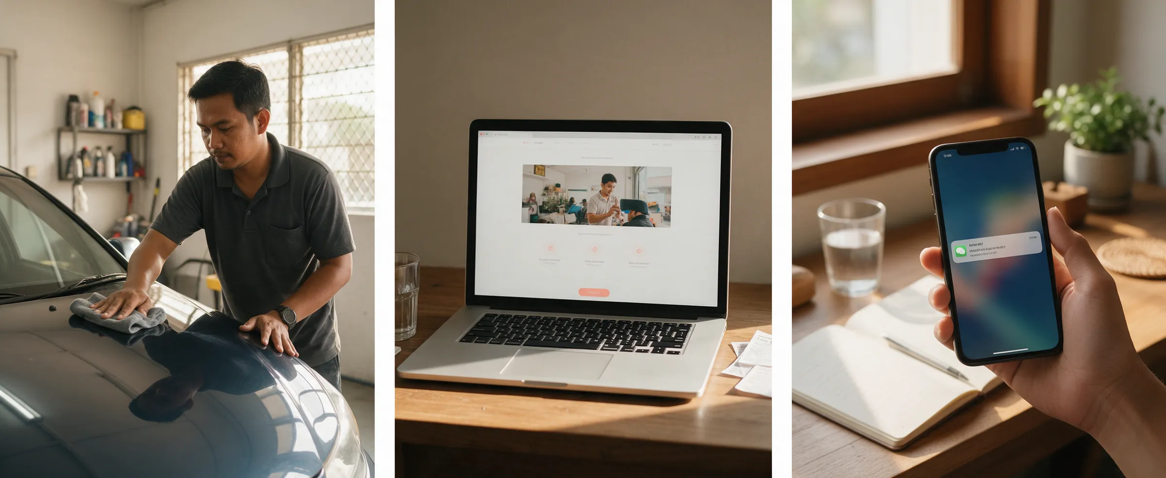 Three illustrative images show a car detailer at work, a one-page site with an enquiry button and a new enquiry arriving on a phone.