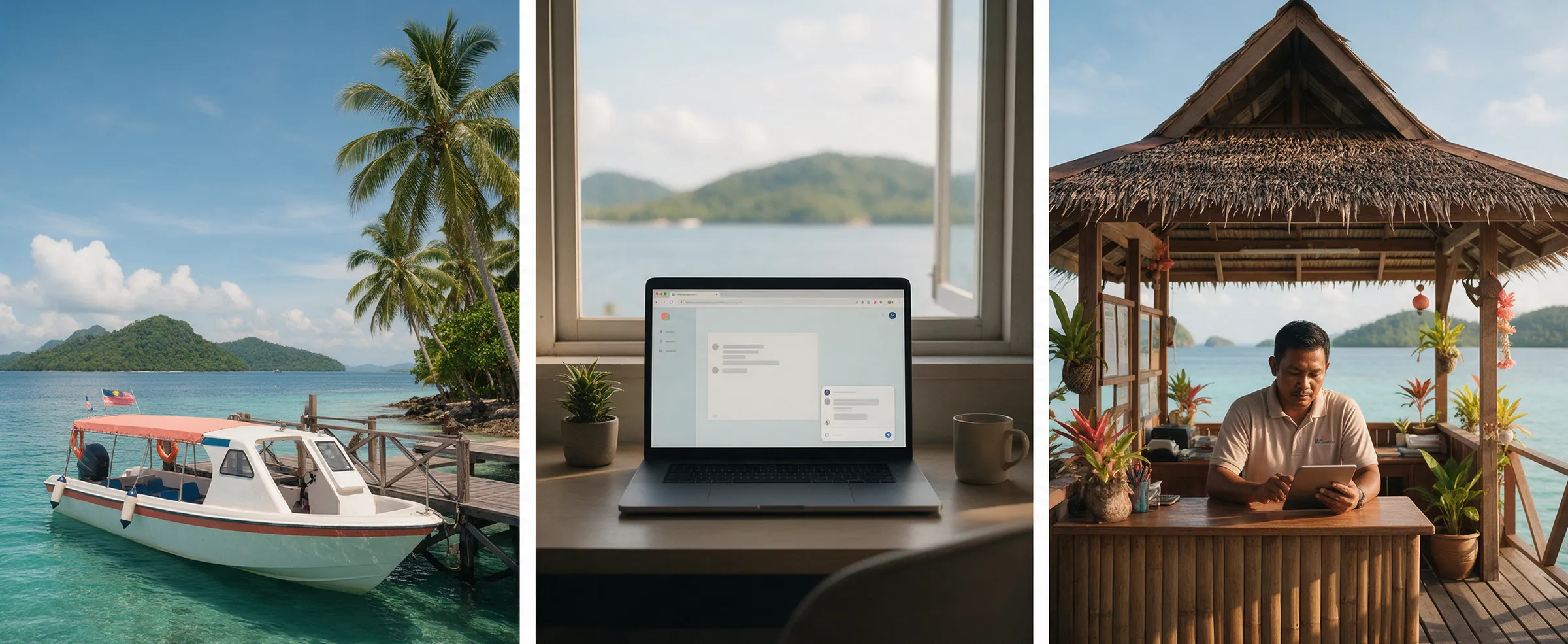 Three illustrative images show a tour boat at a jetty, a website chatbot answering questions and a captured enquiry on a tablet.