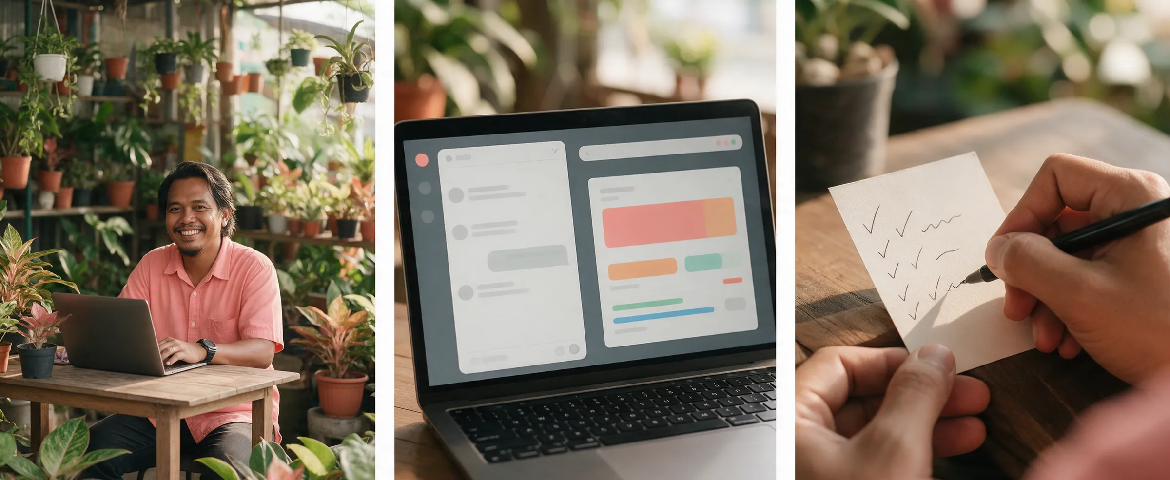 Three illustrative images show a plant shop owner, an AI chat beside an ads dashboard and a short optimisation list.