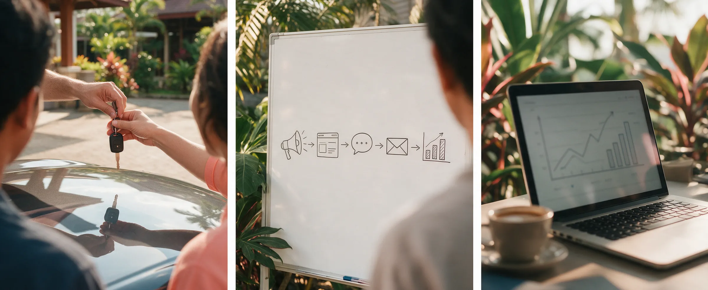 Three illustrative images show a service handover, a whiteboard of the sales path and a weekly results review.