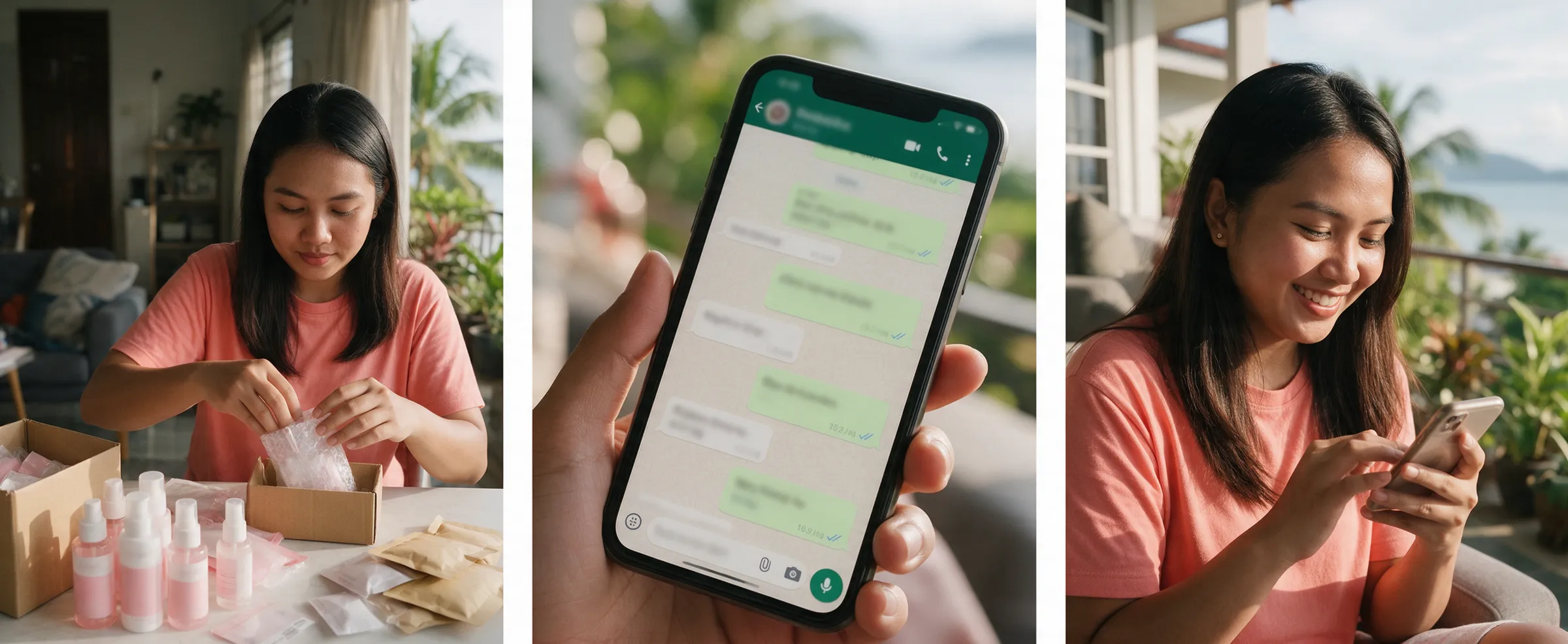 Three illustrative images show a skincare seller packing orders, an assistant replying in a chat and the seller taking over.